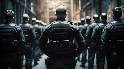 A disciplined, vigilant security team in sharp focus. Strong, confident professionals in uniform standing in formation, arms crossed. Powerful and commanding, they ensure law