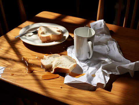 A Photo Of A Kitchen Table Post-Breakfast With Crumpled Napkins And Half-Eaten Toast