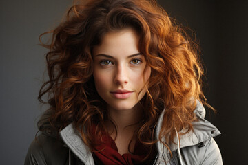 Obraz premium Portrait of a beautiful young woman with long hair in a beige jacket.