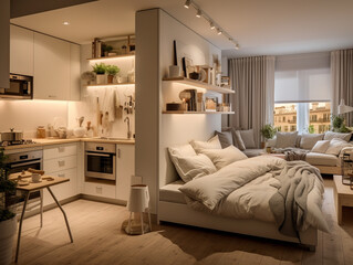 A Photo of a Tiny Apartment With a Fold-Out Bed and Kitchenette in One Room