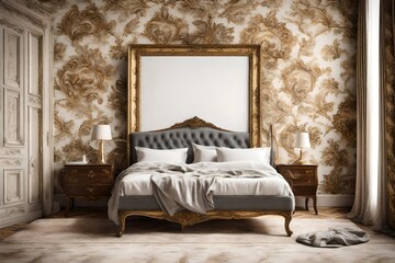 A Canvas Frame for a mockup against an intricate tapestry backdrop,  the timeless sophistication of an old styled bedroom adorned with Rococo elements
