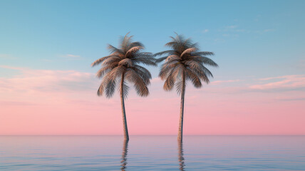 Fototapeta na wymiar pink tropical palm trees and sea on sunset background. summer concept, vacation or summer vacation concept