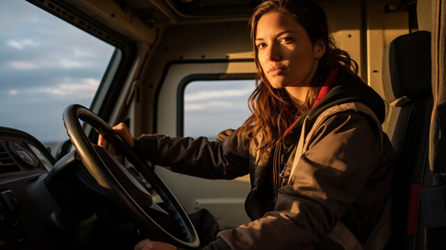 young beautiful woman truck driver with a wide smile standing in front of the truck