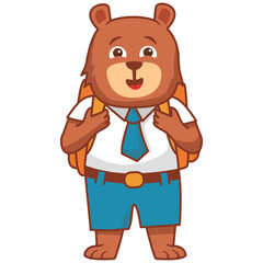 Cartoon bear schoolboy.A joyful cute tiger jumping cub in a school uniform with bag .Kid kawaii animal go to school.Animalistic childish character.Cute animal student.Line art vector.