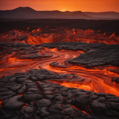Bubbling, molten lava texture with vibrant orange and red hues in a volcanic landscape.