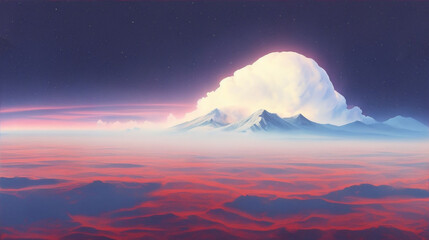 Mountain covered with clouds in an abstract painting