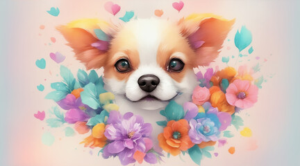 cute chihuahua puppy with flowers - obrazy, fototapety, plakaty