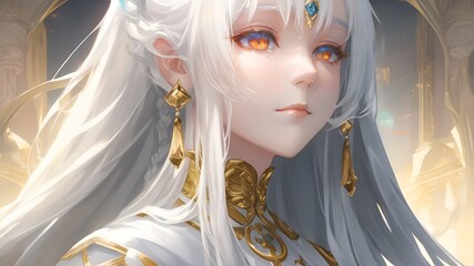 Anime girl with white hair and orange eyes