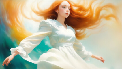 Red haired woman in a white dress floating in the air