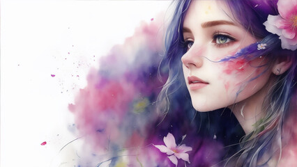 portrait of woman with flowers, watercolor painting.