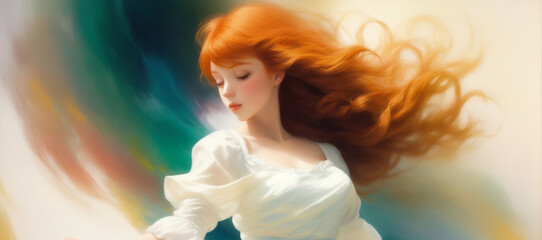 Red-haired woman in a white dress flying through the air in a natural setting