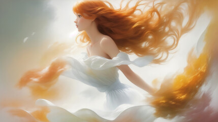Red-haired woman in a white dress floating in the air