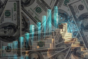 Billetes de 100 dólares con un gráfico de barras mostrando crecimiento económico y lingotes de...