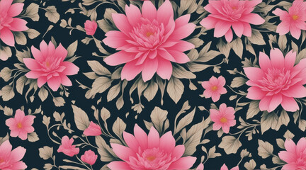 seamless pattern with leaves and pink chrysanthemum flowers.. Floral Background