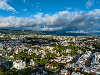 Aerial view of a big mountain at sunset. The beautiful city of Tuxtla Gutierrez in Mexico. 