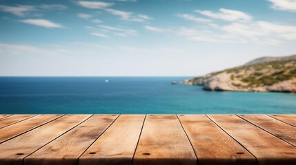 Fototapeta premium Wooden table on the background of the sea island and