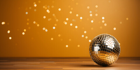 Fototapeta na wymiar disco ball with left copy space on golden background 