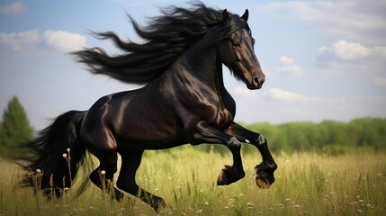 beautiful black horse playing on the field