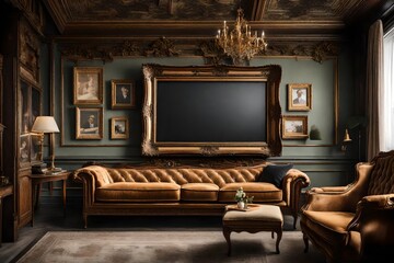 A Canvas Frame for a mockup elegantly positioned above a vintage TV set encased in ornate woodwork in an old styled TV lounge, complete with plush velour couches