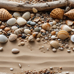 Fototapeta na wymiar Sandy beach texture with seashells, driftwood, and pebbles along the shoreline.