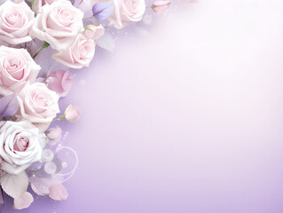 Elegant white roses with delicate foliage isolated on a soft lavender background with shimmering details and ample space for text. Top view. Close up. Decorative banner.