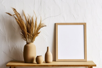 White frame mockup on the wall with wooden table and modern vase with dry herbs