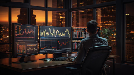 A focused financial analyst working with charts and graphs on a large computer screen in a corporate office - obrazy, fototapety, plakaty