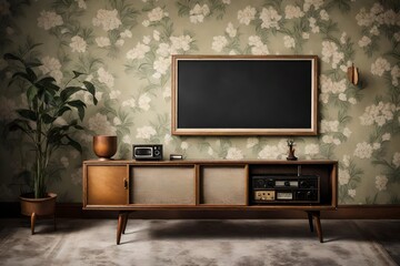 A meticulous capture of a Canvas Frame for a mockup in an old styled TV lounge, showcasing faded wallpapers and a mid-century television console, exuding retro charm