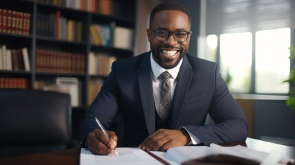 The portrait of handsome and confident afro-american lawyer and business person - obrazy, fototapety, plakaty