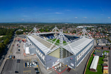 Preston, Lancashire, UK, September 04, 2023; aerial view of the Deepdale Stadium, home to Preston North End PNE football club, Preston, Lancashire, England.