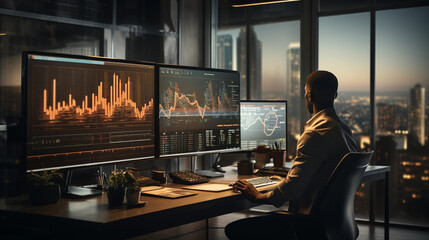 A focused financial analyst working with charts and graphs on a large computer screen in a...