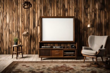 A Canvas Frame for a mockup set against a backdrop of wooden paneling, standing out amidst the vintage aesthetics of an old styled TV lounge with shaggy rugs and tube TVs