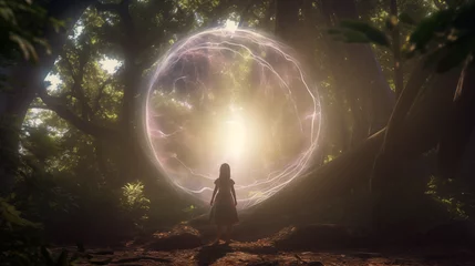 Cercles muraux Couleur saumon Jeune fille face à un portail céleste : Fusion de lumière et de nature dans un paysage spirituel