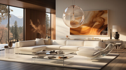 Salon luxueux dans une villa : Mobilier en verre pour une décoration intérieure sophistiquée - obrazy, fototapety, plakaty