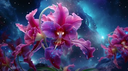 Fototapeta na wymiar A vibrant bouquet of Celestial Cattleya orchids held against the backdrop of a brilliant, multicolored nebula in space.