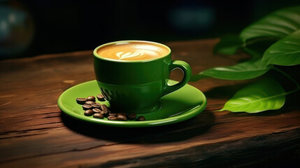 Side view of nice green colored coffee cup with beans and leaves on dark wooden tabletop. - Powered by Adobe