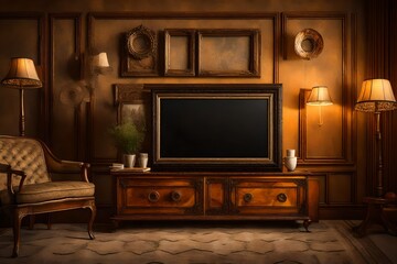 A detailed portrayal of a Canvas Frame for a mockup in an old styled TV lounge, drawing attention to antique candle holders, ornate trays, and the warm amber light of an old tube television