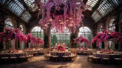 Fotobehang A vibrant, full ultra HD image of an orchid-themed ballroom, adorned with opulent orchid centerpieces and grand chandeliers. © Anmol