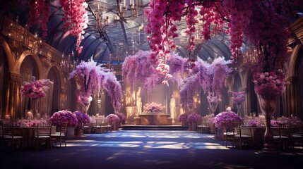 A vibrant, full ultra HD image of an orchid-themed ballroom, adorned with opulent orchid...