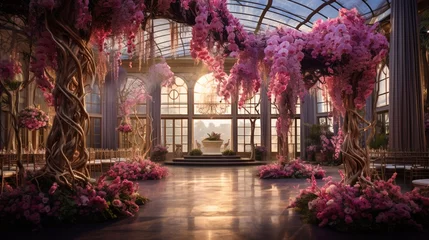 Rolgordijnen A vibrant, full ultra HD image of an orchid-themed ballroom, adorned with opulent orchid centerpieces and grand chandeliers. © Anmol