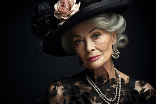The gracefully aged woman in gray hair, vintage clothes, and a classic black hat