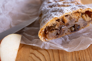 Paired pieces of delicious strudel stuffed with apples and cinnamon on a light plate on a light background. Place for writing. Close up view. Homemade Ukrainian pastries