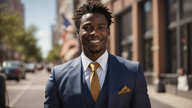Bellissimo uomo di origini africane con capelli ricci in una strada di una citt&agrave; vestito con abito elegante