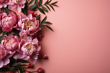 A Bright and Vibrant horizontal layouto on a pink background, Peony Flowers on, flat lay top view. AI generative