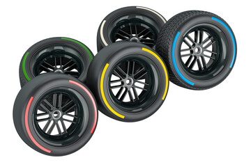 Racing wheels with different compounds type tyres. Soft, hard, medium, intermediate, wet racing tires. 3D rendering isolated on transparent background