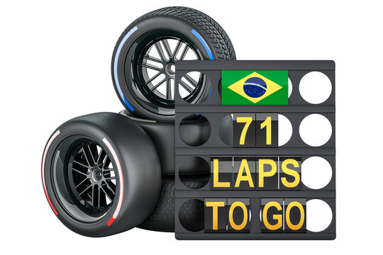 Interlagos racing, pit board with flag of Brazil and racing wheels with different compounds type tyres. 3D rendering isolated on transparent background