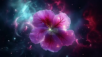 Foto op Plexiglas anti-reflex A vibrant Nebula Nettle, its petals in a perpetual state of bloom, against the backdrop of a galactic nebula. © Anmol