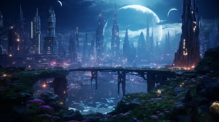 A vibrant, otherworldly cityscape with bioluminescent flora and towering crystalline structures.