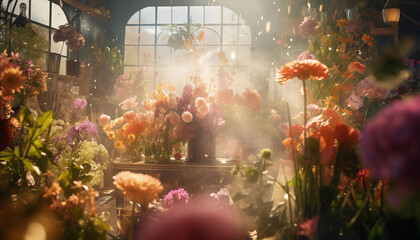 Blumen und Pollen fliegen mit viel Licht in einem Blumenladen mit vielen bunten Blumen