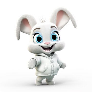 3D cartoon style illustration of a baby rabbit wearing a shirt and a happy face. Isolated on white background.
